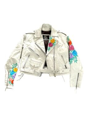 Custom Hand-Painted White Leather Moto Jacket – Floral Botanical Biker Jacket M